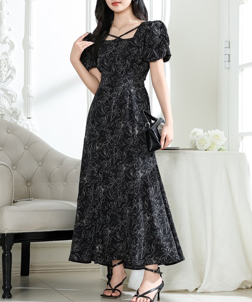 Lace Ladies(レースレディース)の「ボタニカル プリント パフスリーブ バックコンシャス ワンピース(ワンピース・レディース・ベージュ/ブラック/アイボリー・FREE/S)」の2枚目の写真