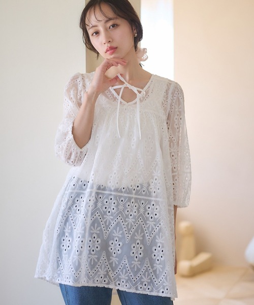 セール】パフスリーブ楊柳刺繍チュニック（チュニック）｜earth