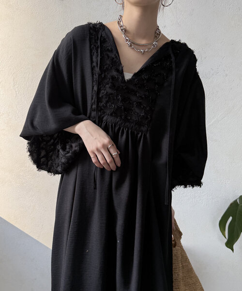 DouDou WEB限定 異素材切替ワンピース セール】【WEB限定】異素材切替スキッパーワンピース