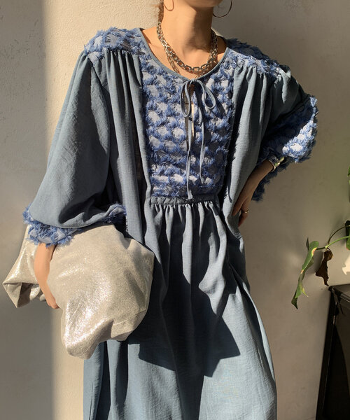 DouDou WEB限定 異素材切替ワンピース セール】【WEB限定】異素材切替スキッパーワンピース