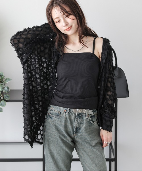 トゥデイフル　フリンジ付きビスチェ＋シアーシャツ BLUEEAST ブラウス シャツ シャーリングビスチェレイヤード