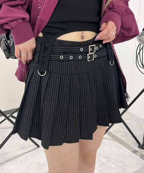 ダブルベルトストライププリーツミニスカート（スカート