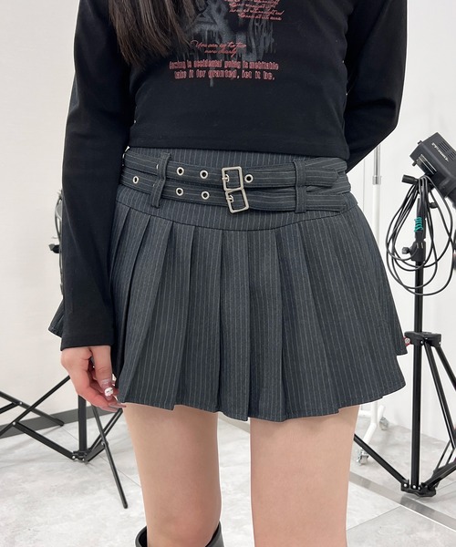 セール】ダブルベルトストライププリーツミニスカート（スカート