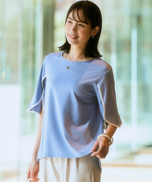 7days Life Styling(セブンデイズライフスタイリング)の「【接触冷感】シルケット加工配色フラワースリーブトップス(Tシャツ/カットソー・レディース・オフホワイト/ライトベージュ/サックスブルー/ブラウン/ネイビー・M/L/LL/3L/S)」の5枚目の写真