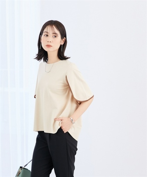7days Life Styling(セブンデイズライフスタイリング)の「【接触冷感】シルケット加工配色フラワースリーブトップス(Tシャツ/カットソー・レディース・オフホワイト/ライトベージュ/サックスブルー/ブラウン/ネイビー・M/L/LL/3L/S)」の8枚目の写真