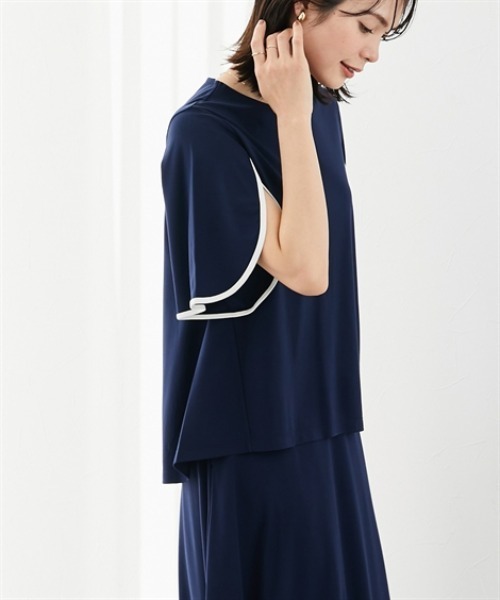7days Life Styling(セブンデイズライフスタイリング)の「【接触冷感】シルケット加工配色フラワースリーブトップス(Tシャツ/カットソー・レディース・オフホワイト/ライトベージュ/サックスブルー/ブラウン/ネイビー・M/L/LL/3L/S)」の12枚目の写真