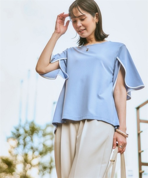 7days Life Styling(セブンデイズライフスタイリング)の「【接触冷感】シルケット加工配色フラワースリーブトップス(Tシャツ/カットソー・レディース・オフホワイト/ライトベージュ/サックスブルー/ブラウン/ネイビー・M/L/LL/3L/S)」の15枚目の写真