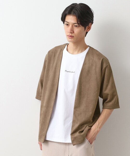 THE SHOP TK (ザ ショップ ティーケー )の「フェイクスウェードアンサンブルカーディガン【五分袖カーディガン+半袖Tシャツセットアイテム】(カーディガン/ボレロ・メンズ・ブラウン系その他/グレー/ネイビー・02/03/04)」の1枚目の写真