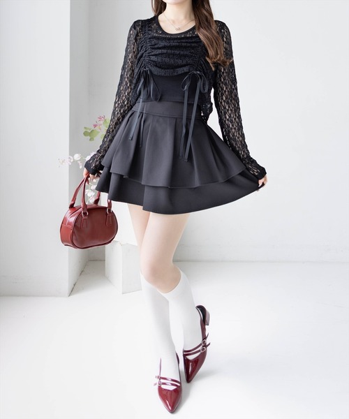 clear（クリア）の「ドロストリボンレーストップス&キャミセット[体系カバー 韓国ファッション セットアップ]（Tシャツ/カットソー・レディース・ブラック/オフホワイト/ライトベージュ・F）」の5枚目の写真
