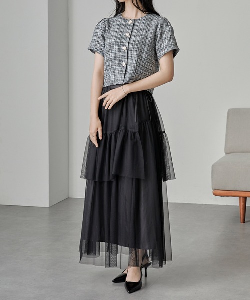 シーマリー　ツイード　半袖ジャケット　ブラック 5/15(木)正午～NEW RELEASE！ 高級感あるツイード素材とゴールドボタン