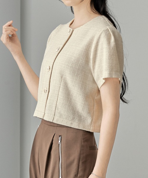 sheller シェリエ ツイード風半袖チュニック クルーブツイードトップス