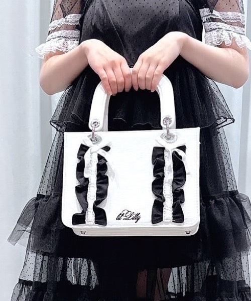 lilLilly（リルリリー）の「フリルキャンバスリボンブックミニトートバッグ(ショルダーストラップ付き)（ショルダーバッグ・メンズ・ブラック/ホワイト/ピンク・FREE）」の3枚目の写真