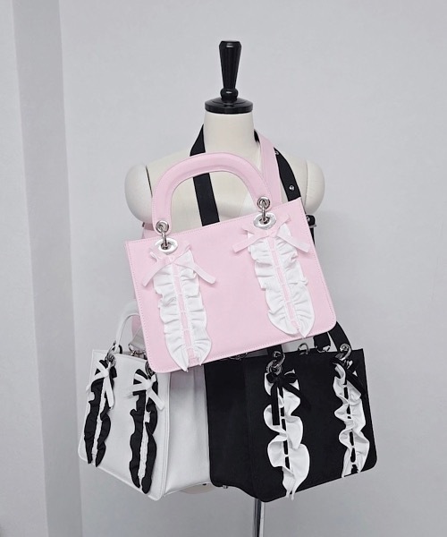 フリルキャンバスリボンブックミニトートバッグ(ショルダーストラップ