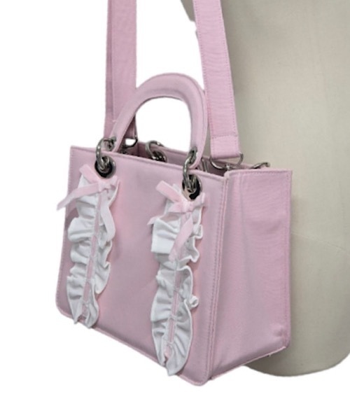 lilLilly（リルリリー）の「フリルキャンバスリボンブックミニトートバッグ(ショルダーストラップ付き)（ショルダーバッグ・メンズ・ブラック/ホワイト/ピンク・FREE）」の11枚目の写真