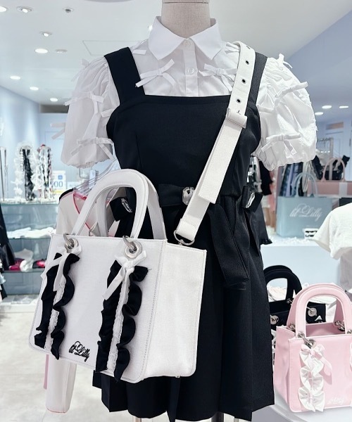 フリルキャンバスリボンブックミニトートバッグ(ショルダーストラップ