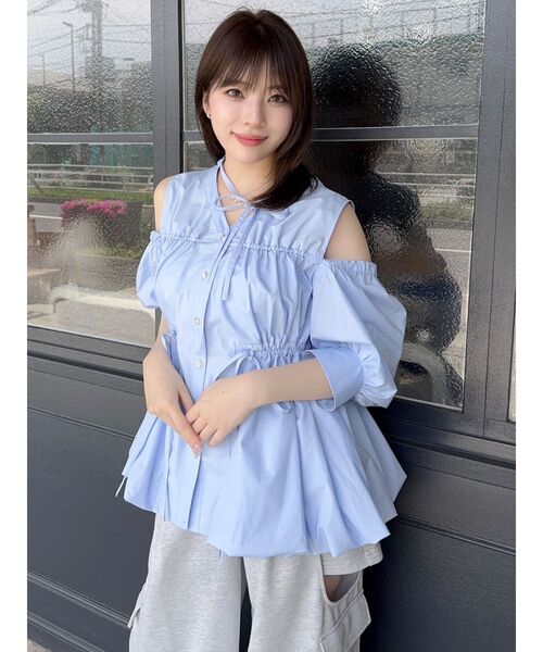 美品 ガリャルダガランテ 袖フリル スパンコール ギャザー ペプラムブラウス◆紺 ギャザーバルーンペプラムブラウス（シャツ/ブラウス）｜dazzlin