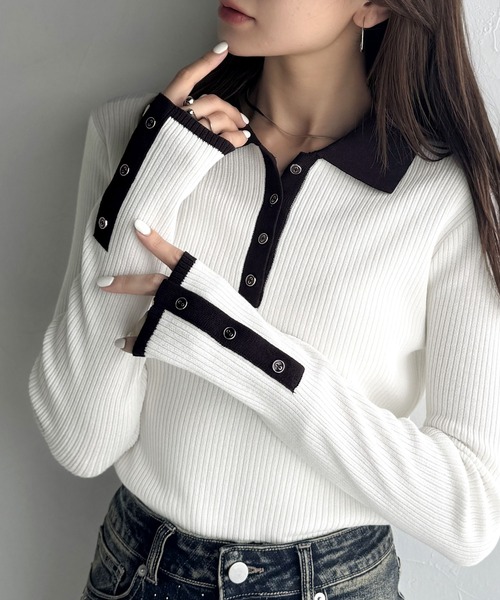 mily bilet(ミウィビレット)の「《9月上旬再入荷!予約受付中》【mily bilet】トレンドの襟付きデザインで洗練されたスタイルに♪金縁ボタン使いリブポロニット(長袖)(ニット/セーター・レディース・アイボリー/モカ/チャコールグレー/ライトグレー・X-LARGE/SMALL/LARGE/MEDIUM)」の5枚目の写真