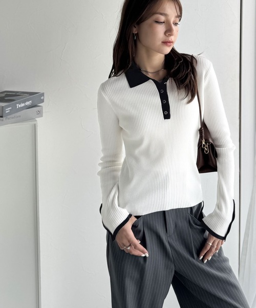 mily bilet(ミウィビレット)の「《9月上旬再入荷!予約受付中》【mily bilet】トレンドの襟付きデザインで洗練されたスタイルに♪金縁ボタン使いリブポロニット(長袖)(ニット/セーター・レディース・アイボリー/モカ/チャコールグレー/ライトグレー・X-LARGE/SMALL/LARGE/MEDIUM)」の8枚目の写真