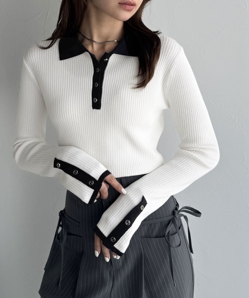 mily bilet(ミウィビレット)の「《9月上旬再入荷!予約受付中》【mily bilet】トレンドの襟付きデザインで洗練されたスタイルに♪金縁ボタン使いリブポロニット(長袖)(ニット/セーター・レディース・アイボリー/モカ/チャコールグレー/ライトグレー・X-LARGE/SMALL/LARGE/MEDIUM)」の9枚目の写真
