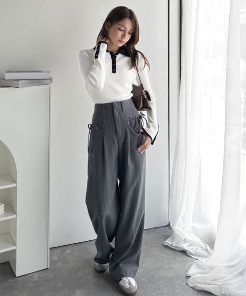 mily bilet(ミウィビレット)の「《9月上旬再入荷!予約受付中》【mily bilet】トレンドの襟付きデザインで洗練されたスタイルに♪金縁ボタン使いリブポロニット(長袖)(ニット/セーター・レディース・アイボリー/モカ/チャコールグレー/ライトグレー・X-LARGE/SMALL/LARGE/MEDIUM)」の11枚目の写真