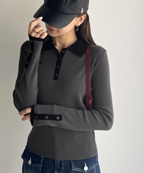 mily bilet(ミウィビレット)の「《9月上旬再入荷!予約受付中》【mily bilet】トレンドの襟付きデザインで洗練されたスタイルに♪金縁ボタン使いリブポロニット(長袖)(ニット/セーター・レディース・アイボリー/モカ/チャコールグレー/ライトグレー・X-LARGE/SMALL/LARGE/MEDIUM)」の17枚目の写真
