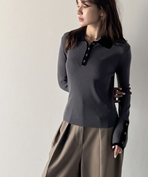mily bilet(ミウィビレット)の「《9月上旬再入荷!予約受付中》【mily bilet】トレンドの襟付きデザインで洗練されたスタイルに♪金縁ボタン使いリブポロニット(長袖)(ニット/セーター・レディース・アイボリー/モカ/チャコールグレー/ライトグレー・X-LARGE/SMALL/LARGE/MEDIUM)」の19枚目の写真