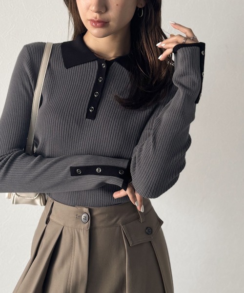 mily bilet(ミウィビレット)の「《9月上旬再入荷!予約受付中》【mily bilet】トレンドの襟付きデザインで洗練されたスタイルに♪金縁ボタン使いリブポロニット(長袖)(ニット/セーター・レディース・アイボリー/モカ/チャコールグレー/ライトグレー・X-LARGE/SMALL/LARGE/MEDIUM)」の21枚目の写真