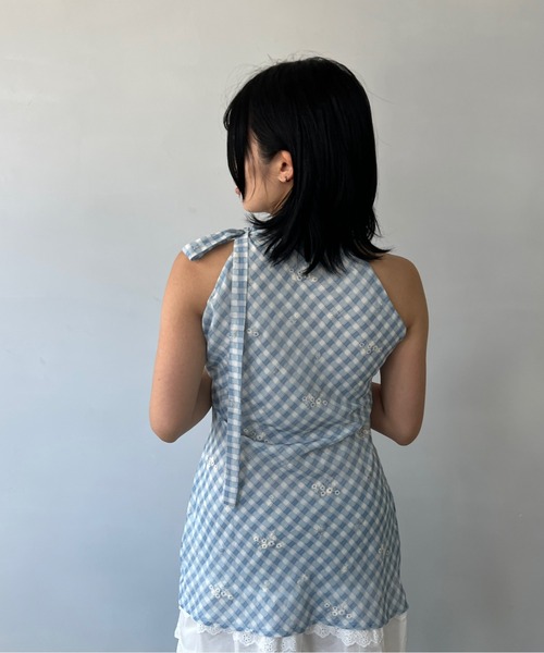 ホルターネック フラワーステッチ チェック柄ミニワンピース