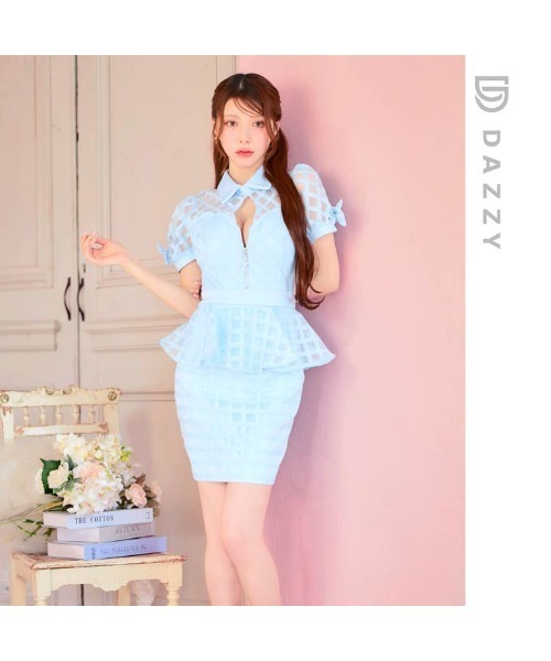 DAZZY(デイジー)の「フロントジップ ペプラム チェック柄 リボン付パフスリーブ タイトミニドレス(ドレス・レディース・ブルー・S/M/L)」の13枚目の写真