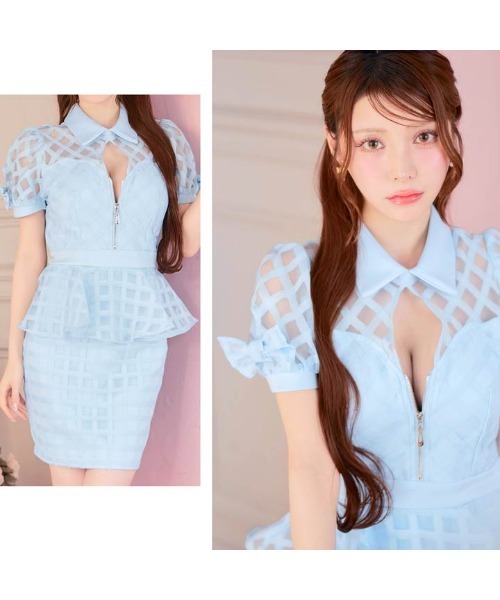 DAZZY(デイジー)の「フロントジップ ペプラム チェック柄 リボン付パフスリーブ タイトミニドレス(ドレス・レディース・ブルー・S/M/L)」の15枚目の写真