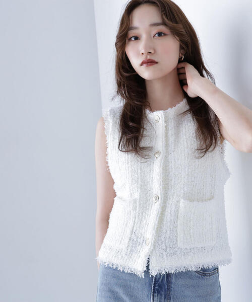 NATURAL BEAUTY BASIC（ナチュラルビューティーベーシック）の「◇ツイーディーニットジレ（カーディガン/ボレロ・レディース・ブラック系その他/オフホワイト/ネイビー・FREE）」の7枚目の写真