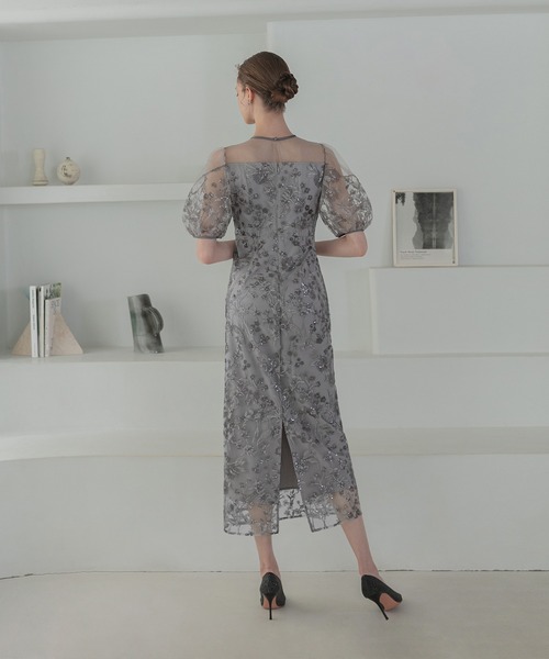 LEJA】フラワーディテールパフスリーブIラインワンピースドレス