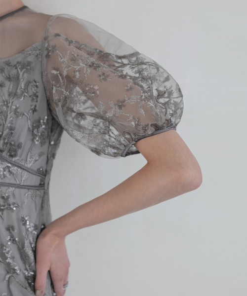 LEJA】フラワーディテールパフスリーブIラインワンピースドレス美脚