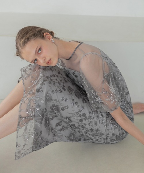 LEJAフラワーディテールパフスリーブIラインワンピースドレス　パーティードレス セール】【LEJA】フラワーディテールパフスリーブIラインワンピース