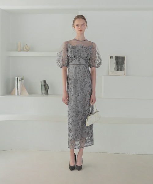 LEJA】フラワーディテールパフスリーブIラインワンピースドレス