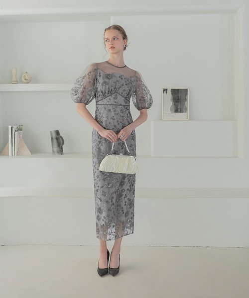 LEJA】フラワーディテールパフスリーブIラインワンピースドレス美脚