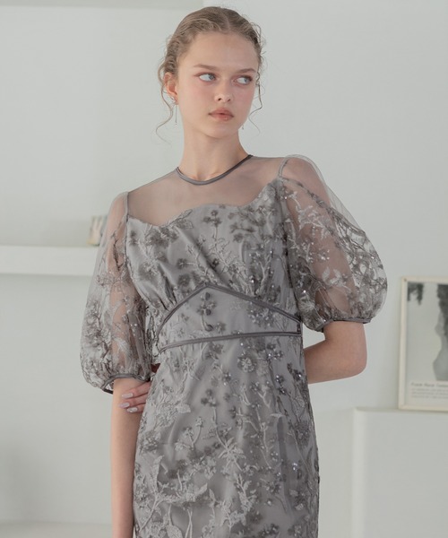 LEJAフラワーディテールパフスリーブIラインワンピースドレス　パーティードレス レジャ Leja フラワーディテールパフスリーブIラインワンピース