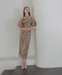 フラワーディテールパフスリーブIラインワンピースドレス結婚式二次会パーティー 当日発送】フラワーディテールパフスリーブIラインワンピース結婚式ドレス
