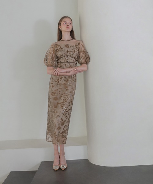 フラワーディテールパフスリーブIラインワンピースドレス 当日発送】フラワーディテールパフスリーブIラインワンピース