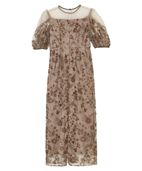 LEJA】フラワーディテールパフスリーブIラインワンピースドレス美脚