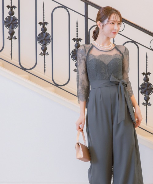 パーティードレス パンツスタイル シアー レース切替 ウエストリボン