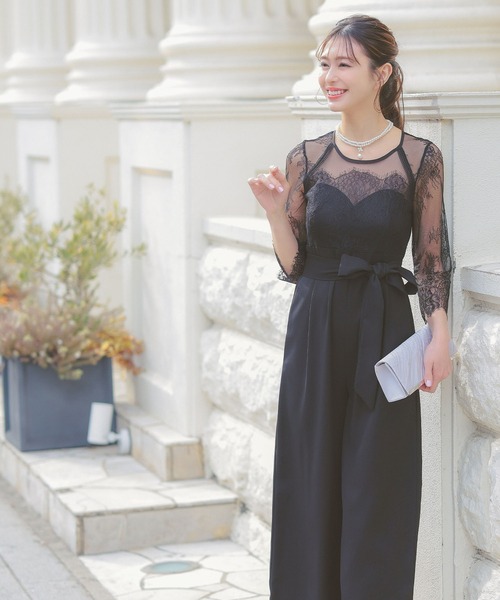 パーティードレス パンツスタイル シアー レース切替 ウエストリボン