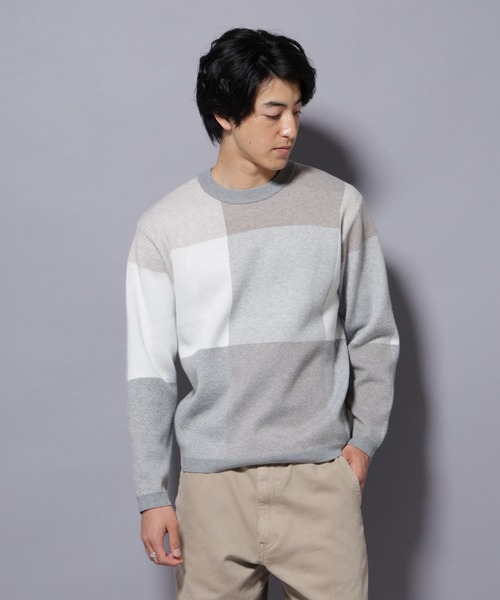 NANO universe（ナノユニバース）の「ブロックチェッククルーネックニット（ニット/セーター・メンズ・ブラック/ダークブルー/ライトグレー/グリーン・S/XL/L/M）」の3枚目の写真