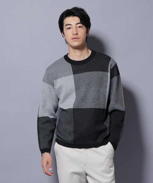 NANO universe（ナノユニバース）の「ブロックチェッククルーネックニット（ニット/セーター・メンズ・ブラック/ダークブルー/ライトグレー/グリーン・S/XL/L/M）」の2枚目の写真