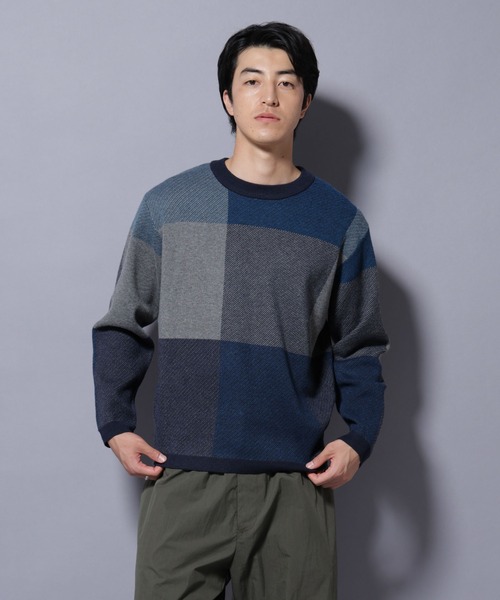 NANO universe（ナノユニバース）の「ブロックチェッククルーネックニット（ニット/セーター・メンズ・ブラック/ダークブルー/ライトグレー/グリーン・S/XL/L/M）」の12枚目の写真