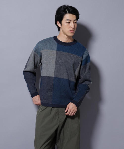 NANO universe（ナノユニバース）の「ブロックチェッククルーネックニット（ニット/セーター・メンズ・ブラック/ダークブルー/ライトグレー/グリーン・S/XL/L/M）」の13枚目の写真