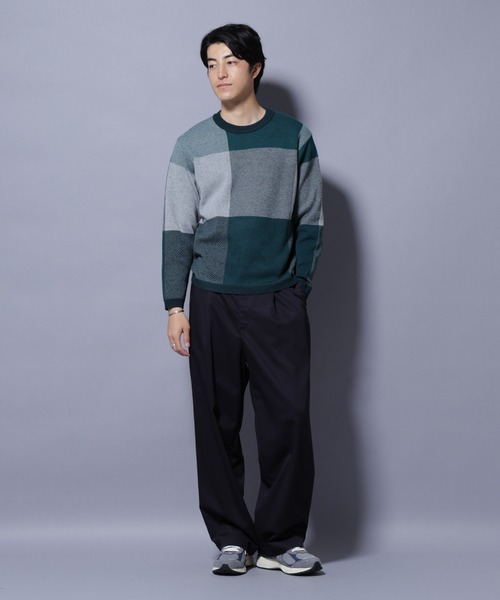 NANO universe（ナノユニバース）の「ブロックチェッククルーネックニット（ニット/セーター・メンズ・ブラック/ダークブルー/ライトグレー/グリーン・S/XL/L/M）」の8枚目の写真