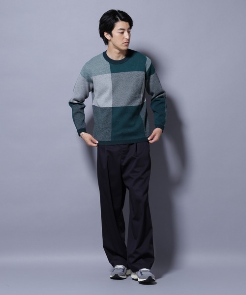 NANO universe（ナノユニバース）の「ブロックチェッククルーネックニット（ニット/セーター・メンズ・ブラック/ダークブルー/ライトグレー/グリーン・S/XL/L/M）」の9枚目の写真