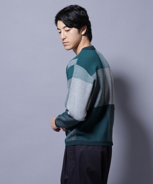 NANO universe（ナノユニバース）の「ブロックチェッククルーネックニット（ニット/セーター・メンズ・ブラック/ダークブルー/ライトグレー/グリーン・S/XL/L/M）」の6枚目の写真