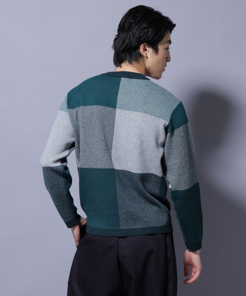 NANO universe（ナノユニバース）の「ブロックチェッククルーネックニット（ニット/セーター・メンズ・ブラック/ダークブルー/ライトグレー/グリーン・S/XL/L/M）」の7枚目の写真